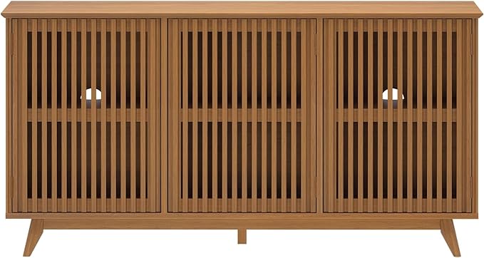 Plank+Beam Mid-Century Modern Wood TV Stand, Three Door Solid Wood Entertainment Console with Storage, 59" L x 16" W x 30" H, Pecan
