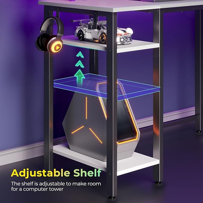 Rolanstar L Shaped Gaming Desk with LED Lights & Power Outlets, 53" Computer Desk with Full Monitor Stand & Storage Shelf, Corner Desk with Hooks, White Desk Reversible
