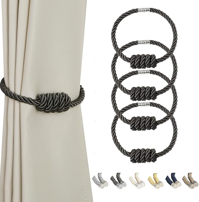 BEL AVENIR Magnetic Curtain Tiebacks, Decorative Drapery Holdbacks Modern Woven Tie-Backs with Exquisite Knot (Charcoal, 4 Pack)