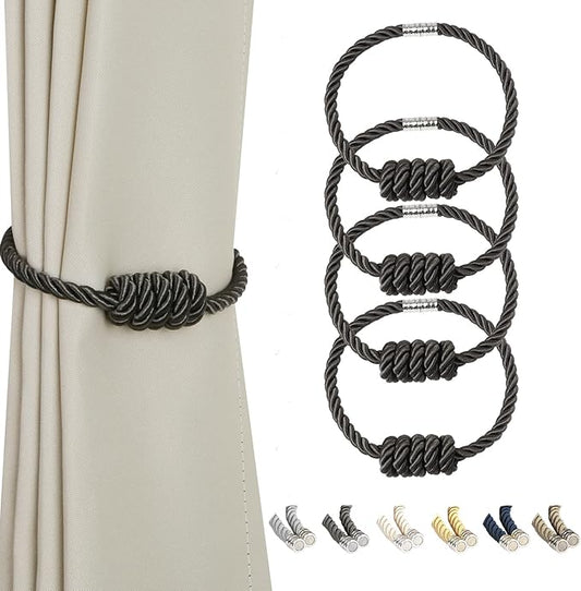 BEL AVENIR Magnetic Curtain Tiebacks, Decorative Drapery Holdbacks Modern Woven Tie-Backs with Exquisite Knot (Charcoal, 4 Pack)