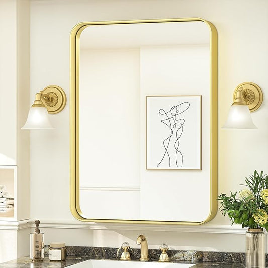 TokeShimi Bathroom Mirror for Wall 24 x 30 Inch Gold Brushed Brass Metal Rounded Corner Rectangle Mirror Wall Mirror in Metal Frame