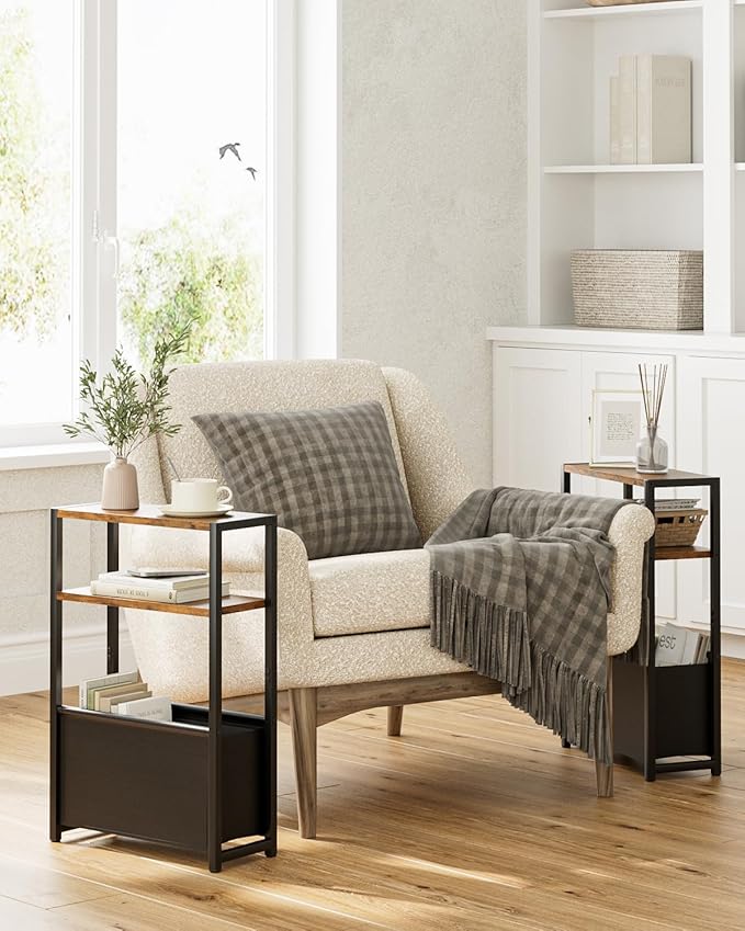 Narrow Side Table End Table, 3-Tier Side Table with Storage Bag, Narrow Nightstand for Small Spaces, Bedside Table for Living Room, Bedroom, Rustic Brown