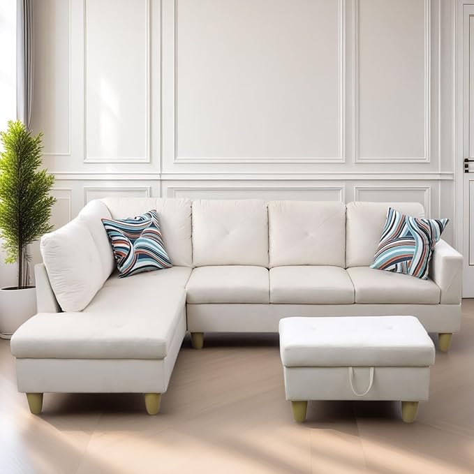 L Shaped Sectional Couch Sofa, Modern Couches for Living Room, Comfy 4 Seat Modular Sectional Sofa with Ottoman Storage for Bedroom Apartment, White