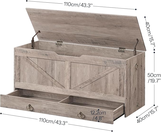 HOOBRO Storage Chest, 43.3" Toy Chest with Drawer, Wooden Storage Bench, Sturdy Entryway Bench Supports 220 lb, Shoe Bench, Safety Hinge, U-Shaped Opening, Easy Assembly, Greige BG711CW01G1