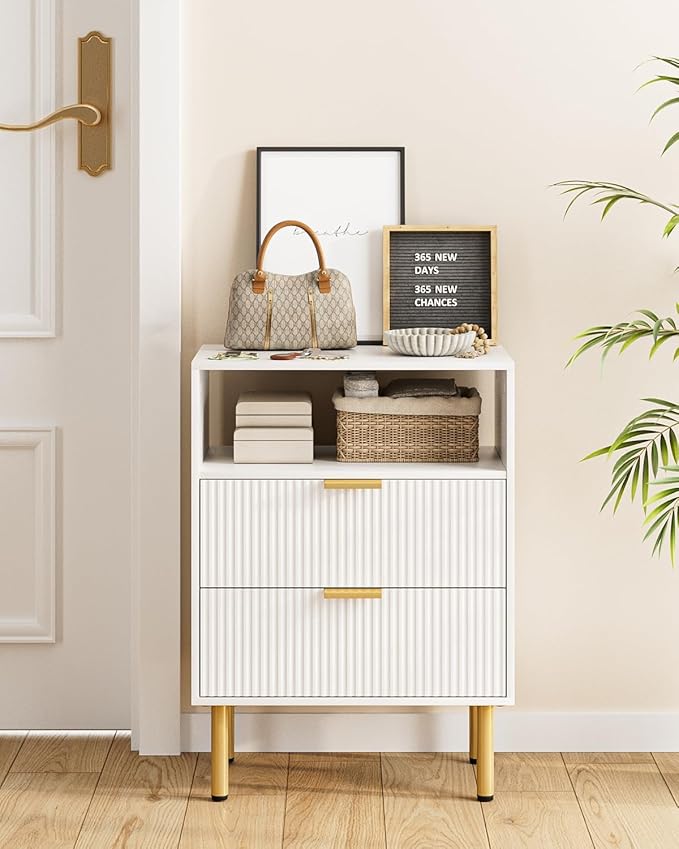 Night Stand,Tall Bedside Table with 3Storage Drawers,White Nightstand,Bedside Furniture,Side Table with Gold Frame,End Table for Bedroom,Living Room (Modern-2drawers 1shelf, White)