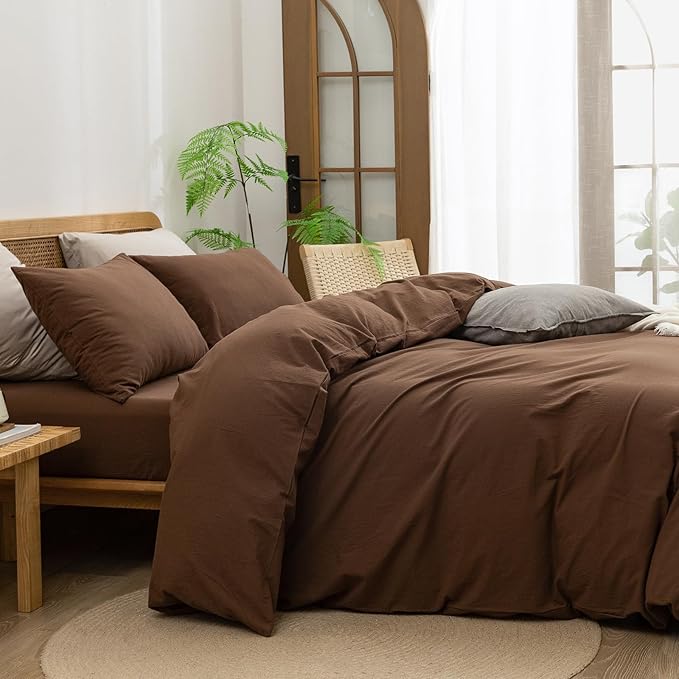 BESTOUCH Duvet Cover Set 100% Washed Cotton Linen Feel Super Soft Comfortable Chic Lightweight 3 PCs Home Bedding Set Solid Cocoa Brown Oversized Full