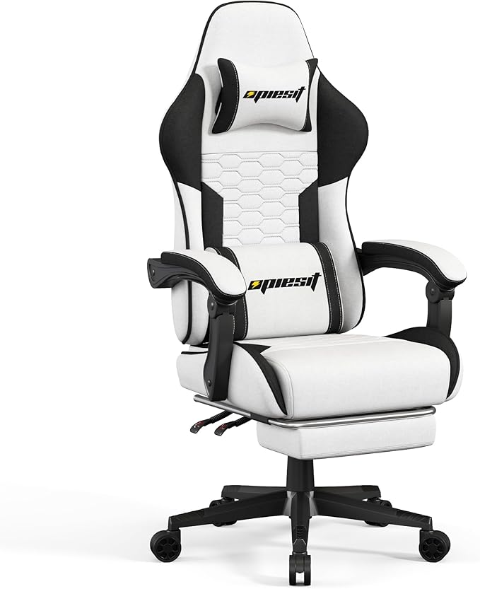 Gaming Chair, Computer Chairs for Adults with Lumbar Support and Massager, Comfortable Gamer Chair with Footrest & Pocket Spring Cushion, Ergonomic Home Office Chair, White, Fabric
