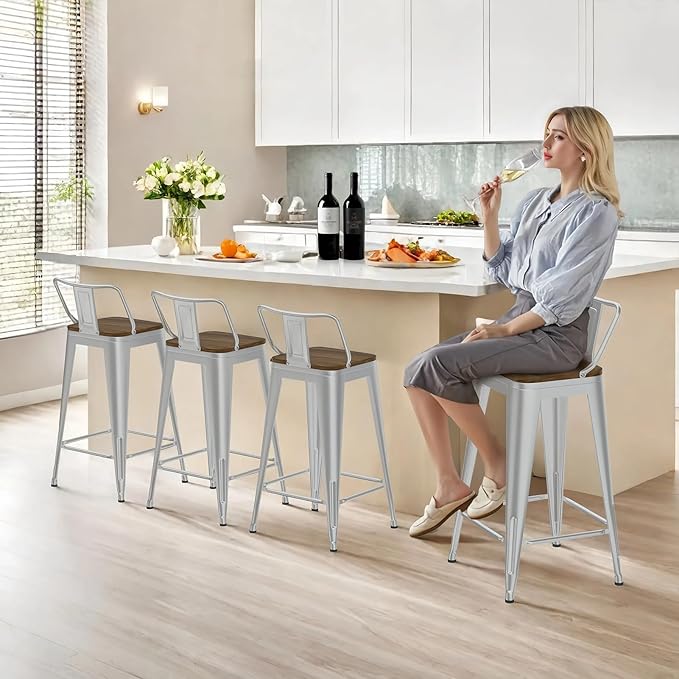 30 Inch Swivel Bar Stools Set of 4, Counter Height Bar Stools with Low Back, Metal Industrial Bar Chairs for Kitchen Island (Silver)