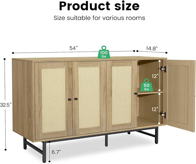 Sideboard Buffets Cabinet with 4 Rattan Doors, Large Storage Accent Cabinet Credenzas Modern Console Table for Living Room, Kitchen (Natural)