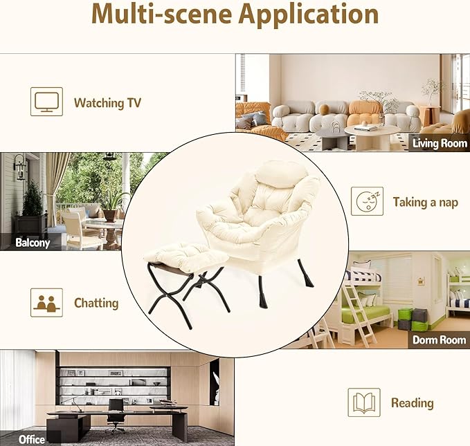 Lazy Chair with Folding Ottoman, Accent Chair Velvet Upholstered with Metal Structure and Non-Slip Pads, Sofa Armchair with Footrest and Side Storage Bag for Dorm, Room, Office, Beige