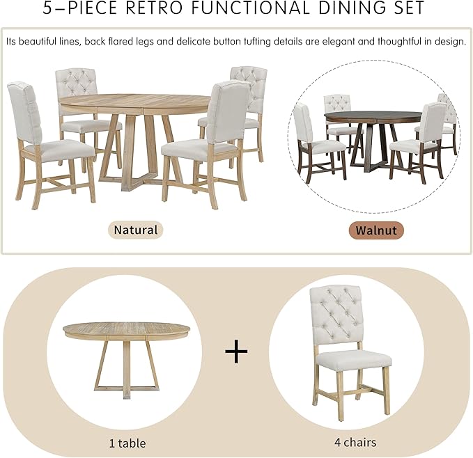 5 Pieces Dining Table Set with 42" Table,Living Room Furniture W/ 4 Upholstered Chairs,Tabletop Can be Adjusted from Round to Oval in Shape,for Restaurant,Home Bistro,Natural