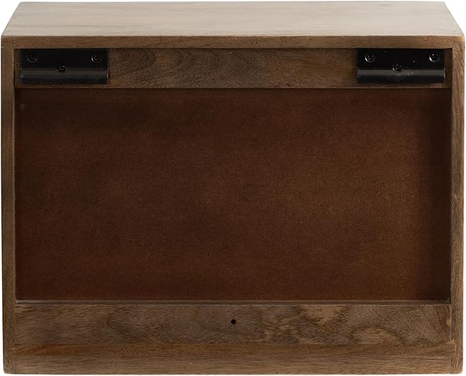 Kate and Laurel Mezzeta Modern Floating Shelf Side Table with Storage Cubby; 16 x 10 x 12; Natural Wood; Decorative Slatted Wood Floating Nightstand with Pull Down Door for Use as Bathroom Storage