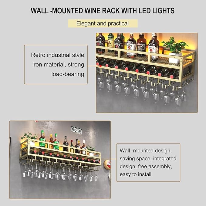Pengfei LED Wine Rack Wall Mounted, Industrial Metal Wall Wine Shelf & Glass Holder, Large Floating Shelves Wine Bottle Storage Display Rack for Home Bar Dining Room Decor,Gold