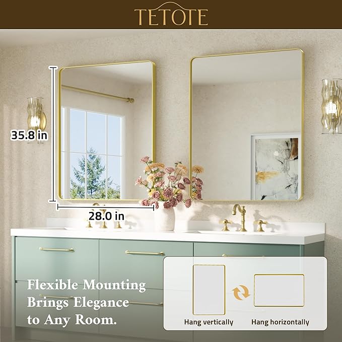 TETOTE Gold Mirror Bathroom 28 x 36 Brushed Gold Metal Framed Vanity Mirror, Tempered Glass, Modern Farmhouse Wall Mounted Mirrors for Decorative(Horizontal/Vertical)