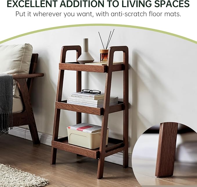 100% Solid Oak 3 Tier Ladder Shelf, Small Bookshelf, Ladder Bookshelf, Bookcase with Stable Frame, Small Table for Living Room Bedroom(Walnut, 12.6" L x 17.72" W x 31.5" H)