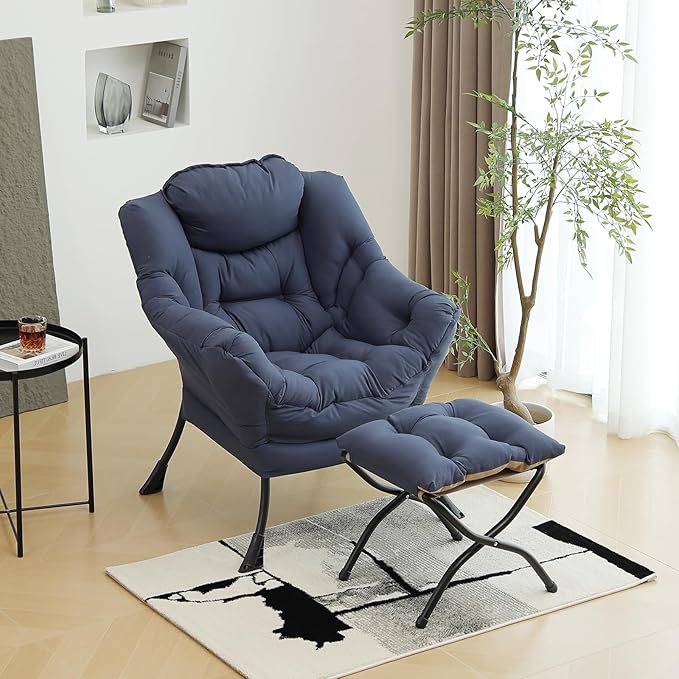 Lazy Chair with Ottoman, Modern Chair with Folding Footrest, Lounge Accent Chair, Comfortable Reading Chair (Navy Blue)