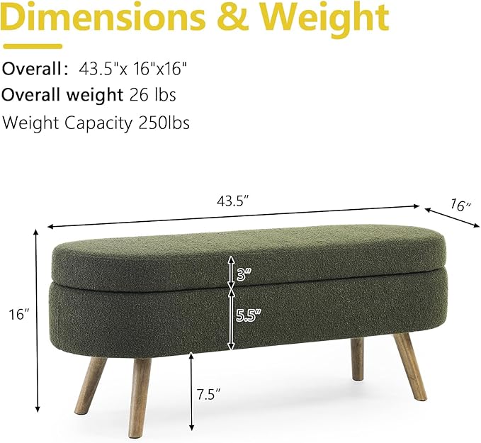 NicBex Ottoman Bench with Storage for Bedroom, 43.5" Upholstered End of Bed Bench with Rubber Wood Legs, Linen Storage Bench for Living Room or Entryway,