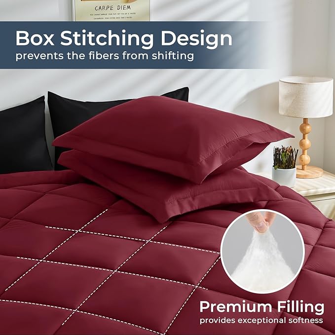 HEVUMYI Red & Black Queen Comforter Set - 7-Piece All Season Burgundy Bed in a Bag Queen, Ultra Soft Bedding Set with Comforter, Flat Sheet, Fitted Sheet, Pillowcases, Pillow Shams, Burgundy
