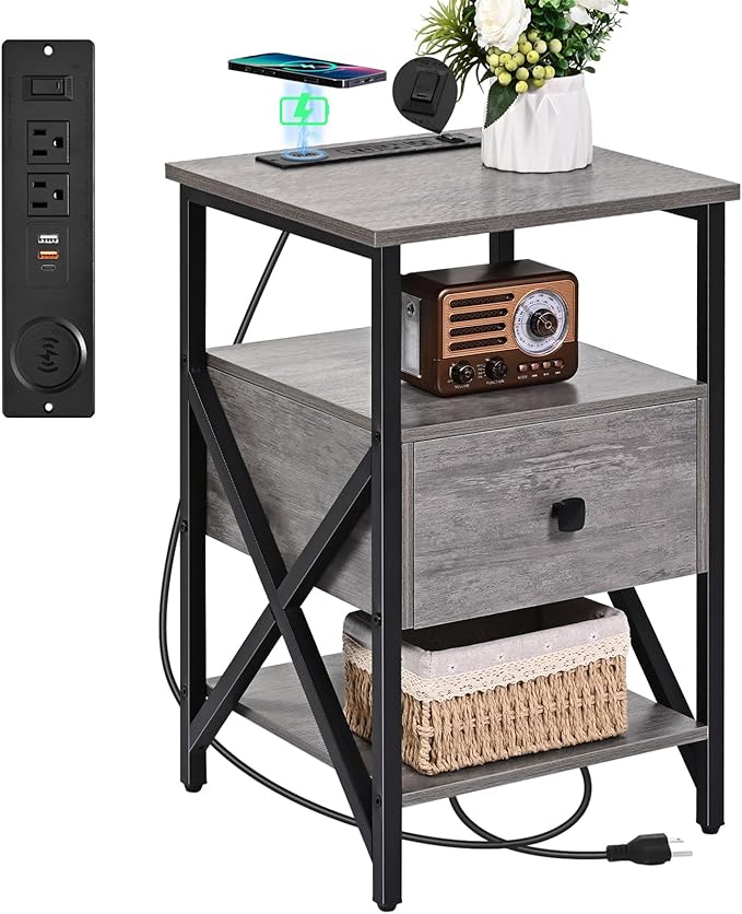 Side Tables with Wireless Charging Station, Grey End Tables Living Room with Charging, Side Tables with Wood Drawer, Night Stands with Storage for Bedroom, Bedside Tables, Living Room