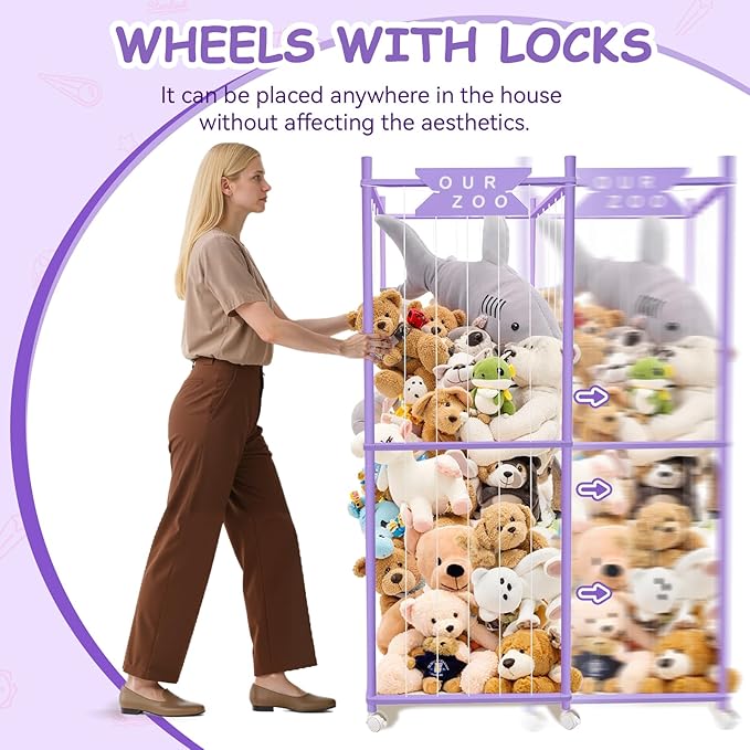Stuffed Animal Storage Zoo with Wheels, Wooden Large Stuff Animals Plushies Holder Toy Organizer Kids Plush Storage Cage with Elastic Band and Net for Nursery Playroom Corner for Toddler (Purple)