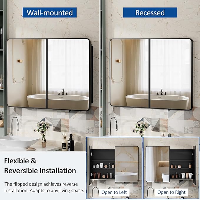40x30 Inch Black Medicine Cabinet Mirror Metal Framed Recessed Bathroom Medicine Cabinets with Mirror and Storage Wall Mounted