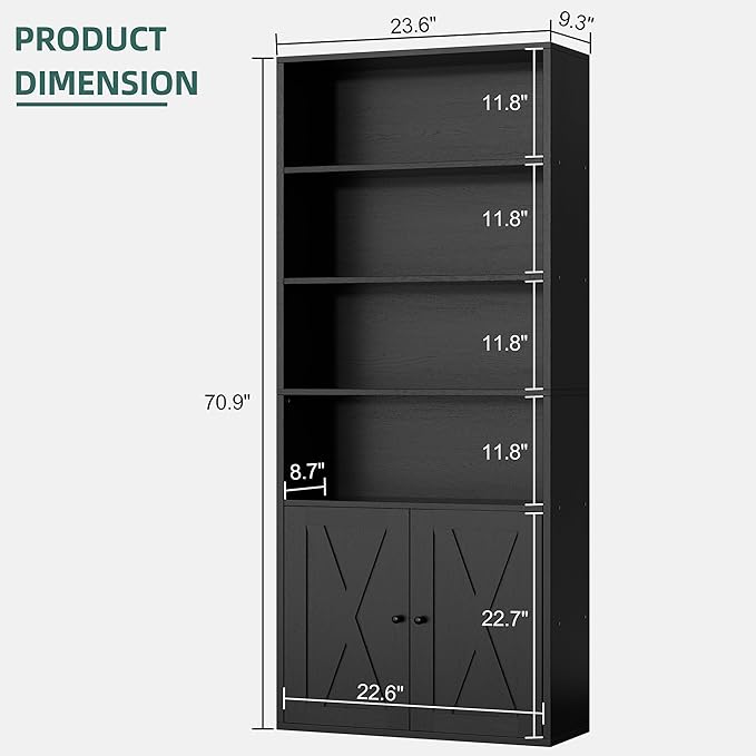 Shintenchi Bookshelf, Industrial Bookshelves and Bookcases with Doors Floor Standing 6 Shelf Display Storage Shelves 70.6 inches Tall Bookcase for Home Office, Living Room (Black)