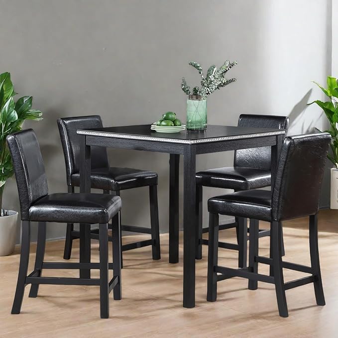 Dining Table Set for 4, 5-Piece Dining Room Table Set with Square Crystal Decoration Table & 4 Upholstered Backrest Chairs, Counter Height Kitchen Sets with Wood Grain & Footrest, Black
