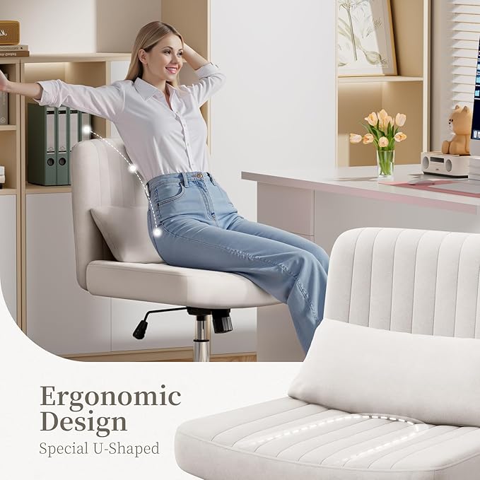 Warmiehomy Criss Cross Office Chair with Wheels, Velvet Cross-Legged Desk Chairs for Home, Height Adjustable Swivel Wide Seat Computer Chair, Modern Armless Vanity Chair for Girls Women, White