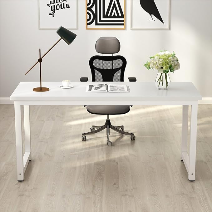 Tribesigns Computer Desk, 55 inch Large Office Desk Computer Table Study Writing Desk for Home Office, White + White Leg