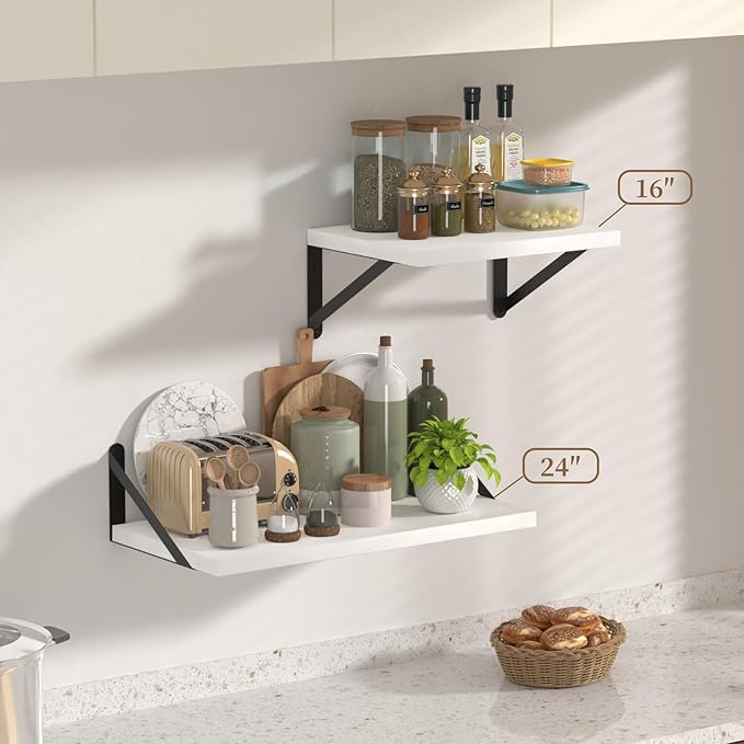 SAUMONIERES Floating Shelves Bookshelf for Bedroom Bathroom Living Room Wood Wall Mounted Wide Deep Storage, White Painted Shelves Set of 2