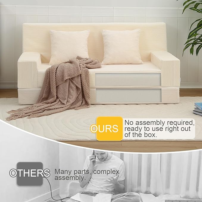 MeMoreCool Boneless Folding Sofa Bed Queen, Corduroy Convertible Sleeper Chair, Foldable Foam Mattress Chair, Comfy Fold‑Out Futon Couch Bed, Large Floor Sofa Couch for Living Room Guest
