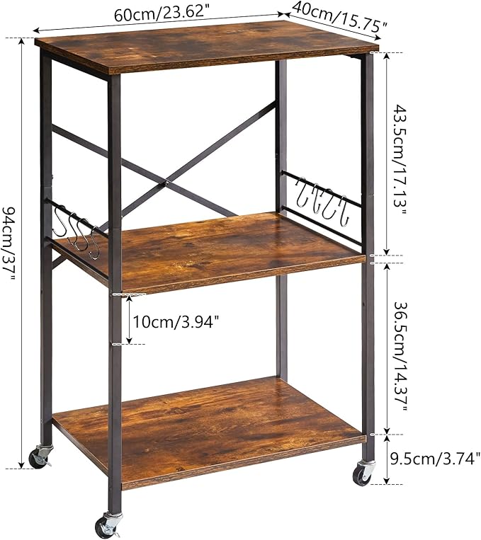 IBUYKE Kitchen Shelf Cart, 3-Tier Microwave Oven Stand, Baker’s Rack with Metal Frame and 8 Hooks, Industrial Printer Stand, Utility Standing Storage Shelf for Coffee Bar, Simple Assembly, TMJ023H