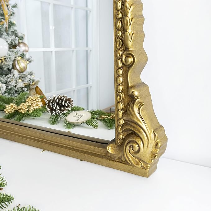 Traditional Ornate Floor Mirror Gold Arched Framed Full Length Wall Mirror Baroque Inspired Full Body Mirror, Antiqued Gold 30 x 60''