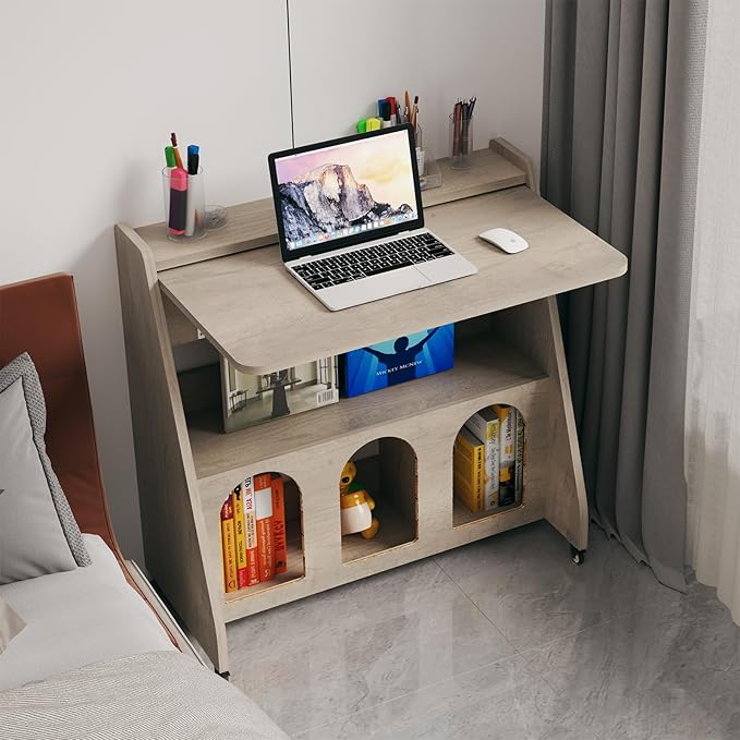 Pmnianhua Portable Mobile Desk on Wheels,Mobile Workstation,Rolling Computer Desk with Wheels and Storage for Home Office Small Space (Grey)