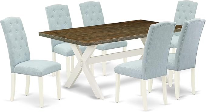 East West Furniture X077CE215-7 7 Piece Dining Table Set Consist of a Rectangle Dining Room Table with X-Legs and 6 Baby Blue Linen Fabric Parsons Chairs, 40x72 Inch, Multi-Color