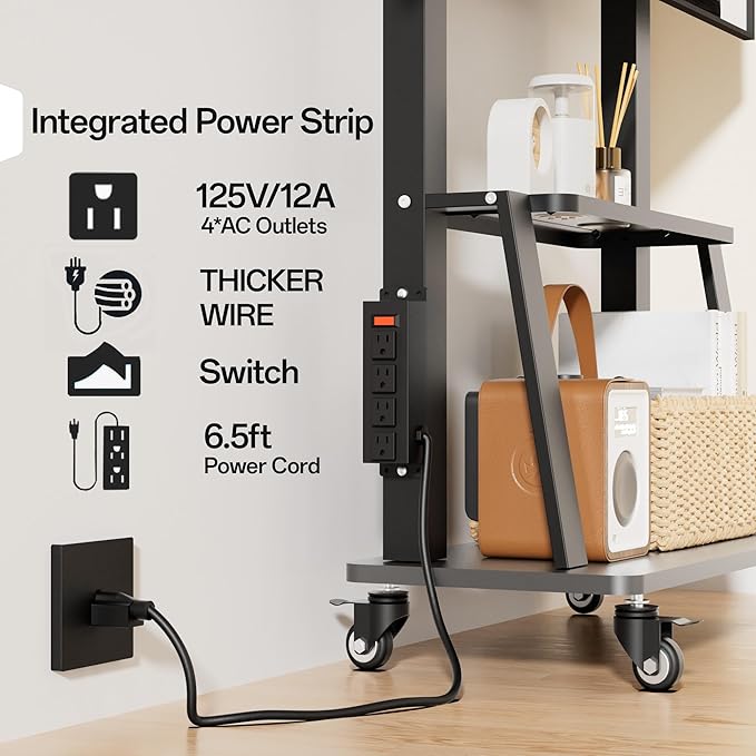 Rolling TV Stand with Power Outlet, Mobile TV Stand on Wheels for 32-75 inch TV, Height Adjustable Portable Black TV Cart, Holds up to 130LBS, Vesa 600×400mm