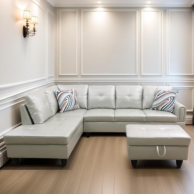 L Shaped Sectional Couches, Leather Couch Modular Sectional Sofa with Ottoman Storage, Modern L Shaped Couch with Chaise for Living Room Bedroom Apartment Furniture, White