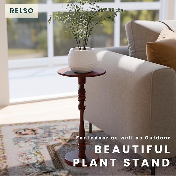Relso Stambha Solid Wood Drink Table – 24" Tall Round Accent Side Table for Living Room or Bedroom, Narrow End Table or Indoor Plant Stand, Walnut Finish, Handcrafted Mango Wood Furniture