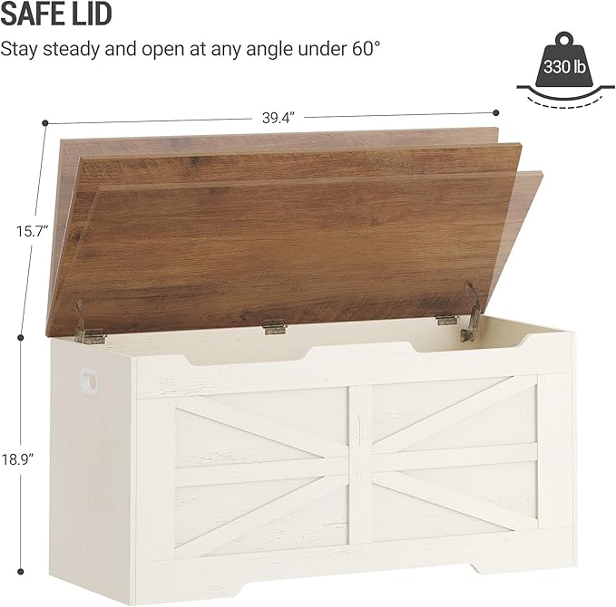 39.4" Storage Chest, Extra Large Storage Trunk with 2 Safety Hinges, Wooden Box Bench, Lift-Top Organizer Chest, Shoe Bench for Entryway, Bedroom, Living Room, White and Brown SB03414X