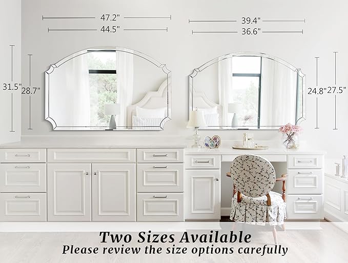 Chende Large Arched Wall Mirror with Glass Beveled Frame&Wood Backboard, 31.5" X 47.2" Horizontal Decorative Mirror Scalloped Corner for Bathroom, Living Room, Entryway, Bedroom
