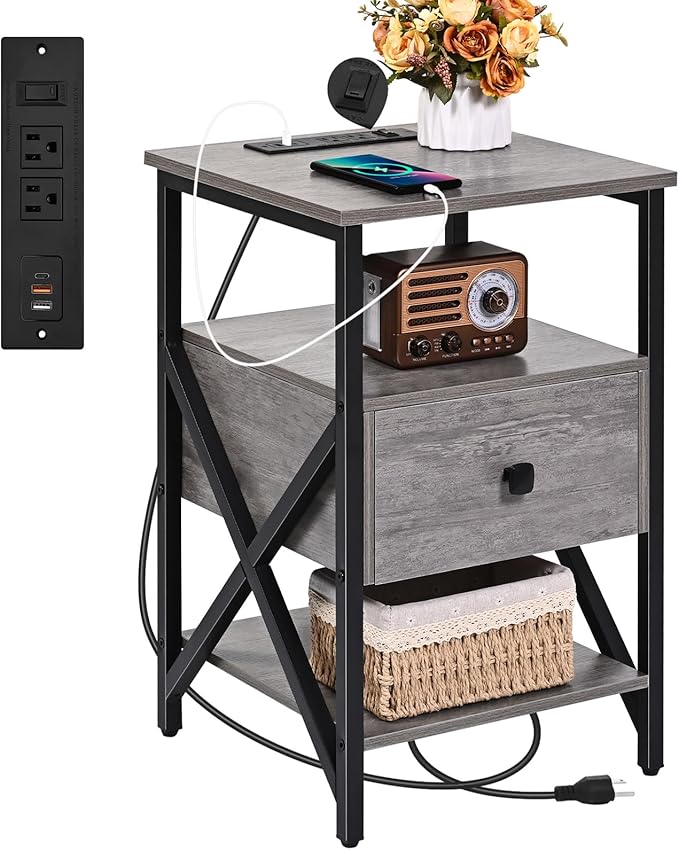 End Tables with Charging Station, Grey Charging Side Table Bedside Table with Outlets, Night Stands with Wood Drawer, Nightstand with Storage for Bedroom, Living Room
