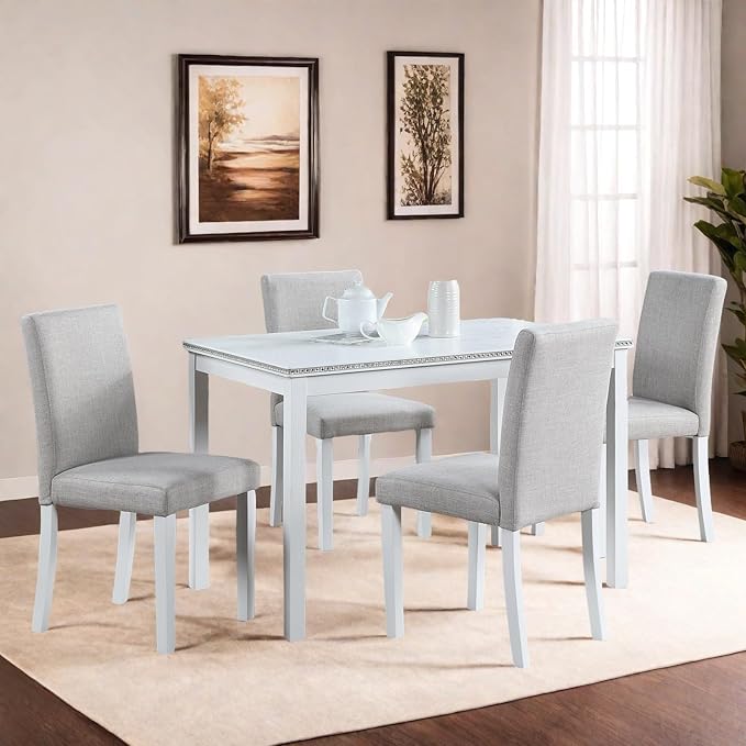 Dining Table Set for 4, 5-Piece Dining Room Table Set with Rectangular Crystal Decoration Table & 4 Upholstered Backrest Chairs, Counter Height Kitchen Sets with MDF Tabletop, White