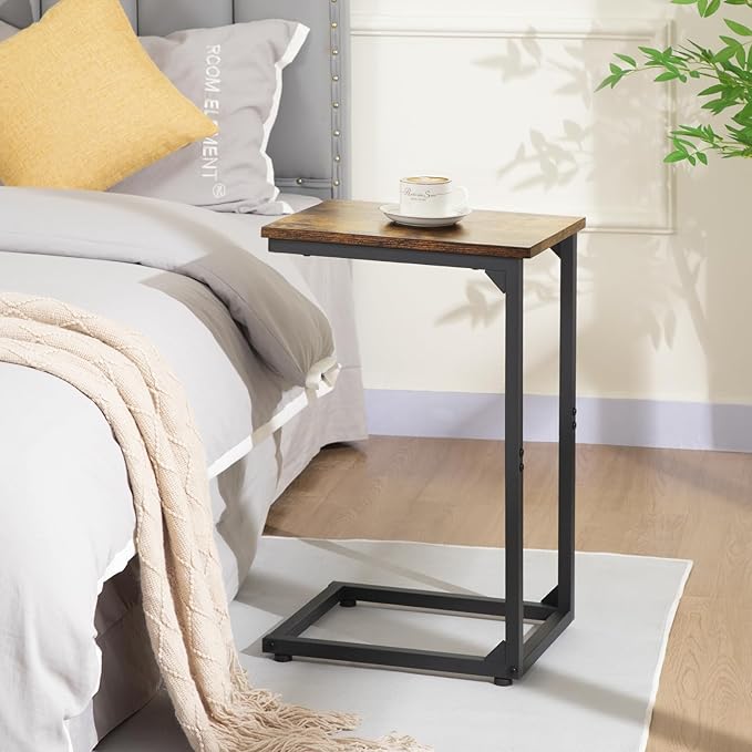 AMHANCIBLE C Shaped End Tables, TV Trays Set of 2 for Living Room, Slide Under Couch Table for Sofa, Bedroom, Small Space, Rustic Brown HET02CBR