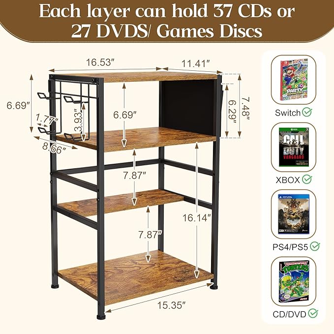4-Tier AV Media Stand,Game Console Stand with 4 Hooks and Fabric Bags,DVD Shelf,Media Storage Cabinet,Audio Rack Record Player Stand Small Entertainment Center for Home Dorm, Apartment