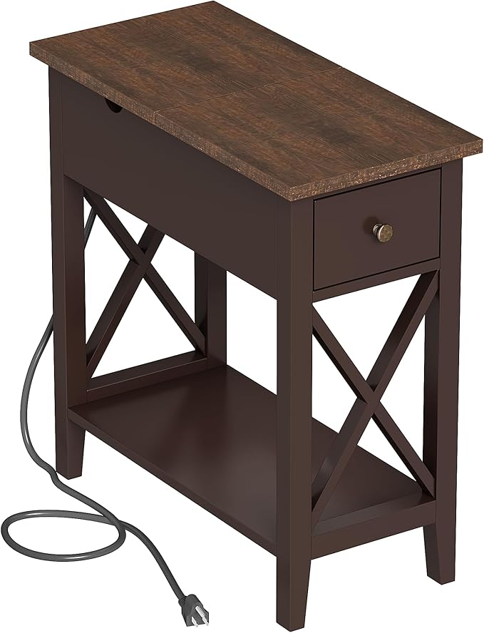 ChooChoo End Table with Charging Station, Narrow Side Table with USB Ports and Outlets, Nightstand with Drawer, for Small Spaces, Bedside Tables for Living Room Espresso