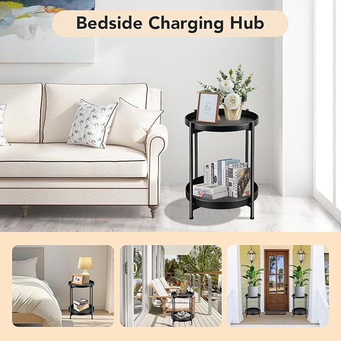 Small Side Table Round for Small Spaces Indoor Outdoor, Mini End Table Metal, 2 Tier Plant Stand Foldable, Bedside Table for Living Room, Bed Side, Sofa Side, Patio, Night Stand 20.5'' Tall, Black