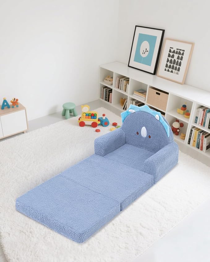 MOONBEEKI 2-in-1 Foldable Toddler Couch, Soft Sherpa Fabric with Washable Cover, Convertible Sofa to Lounger, Kids Sofa for Playroom, Bedroom, Living Room, Birthday Gift, Ages 1-3, Blue Triceratops