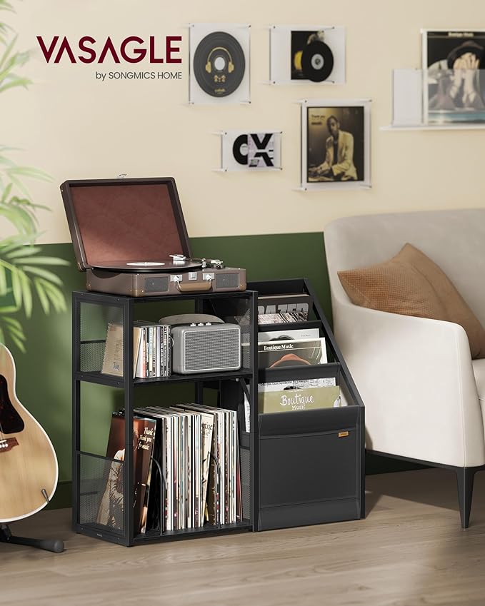 VASAGLE Record Player Stand, 3-Tier Side Table, Vinyl Record Storage up to 140 Albums, End Table for Living Room, Bedroom, Ebony Black ULET276B01
