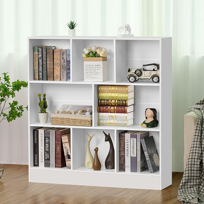 YAHARBO 3 Tier Bookshelf,Wide Kids Horizontal Bookcase,8 Cube Blue Book Shelf,Large Display Toy Storage Cabinet with Base,Floor Standing Modern Bookcases Organizer for Bedroom,Nursery,Playroom