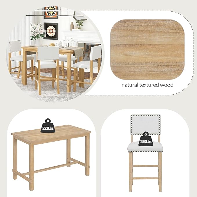 Ball & Cast 5 Piece Wood Dining Table Set with 4 Upholstered Chairs,Kitchen Table and Chairs for 4 W/ 52" Rectangle Desk,for Restaurant,Home Bistro,Natural Wood Wash